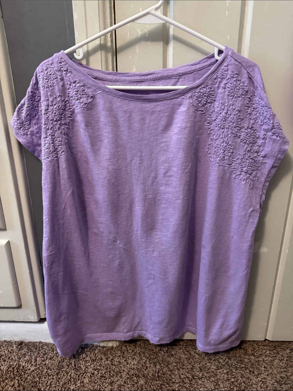 Talbots Lavender Short Sleeve Embroidered Shoulder Tee